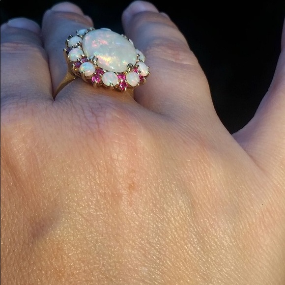 SOLD Estate 18k Opal Ruby Halo Ring - Picture 5 of 7